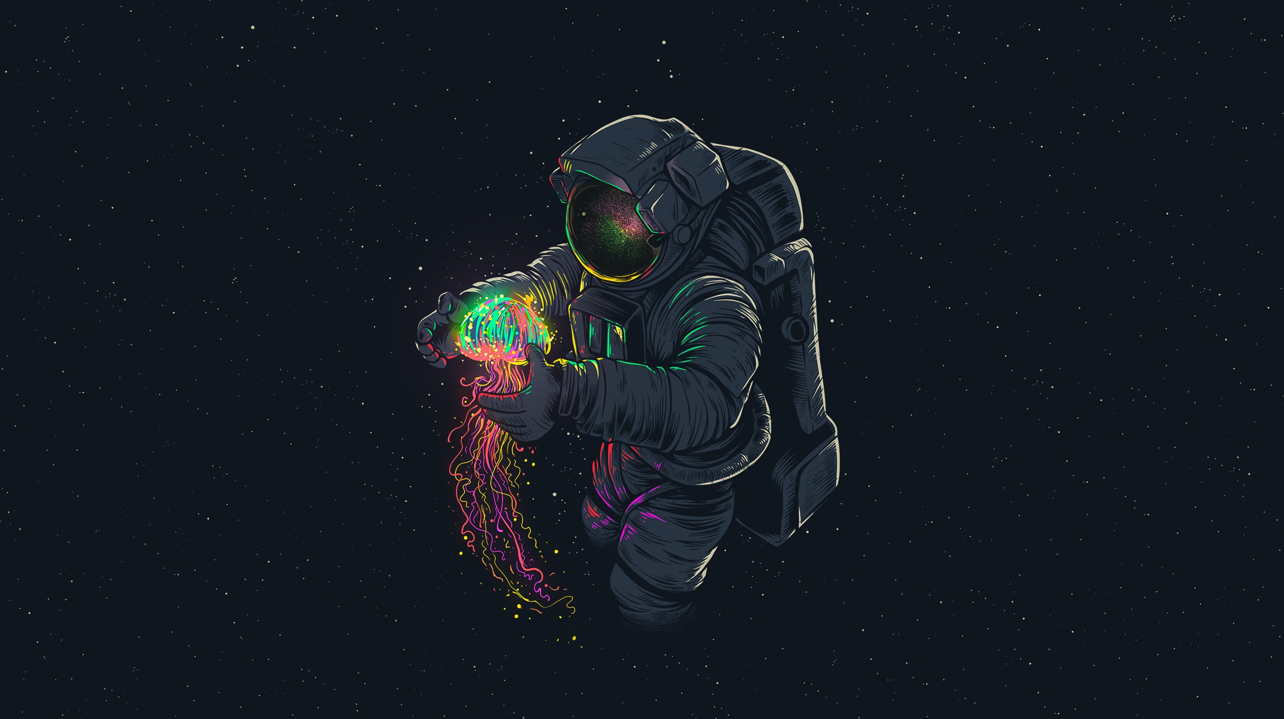 Digital art of an astronaut holding a glowing multicoloured neon jellyfish